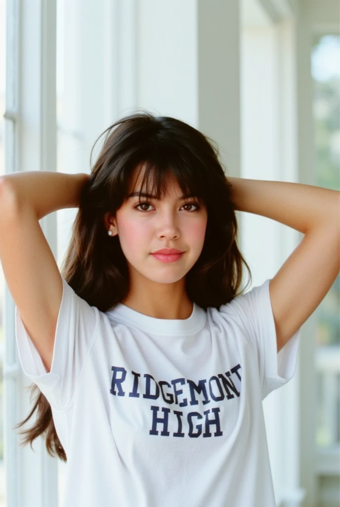 this film photograph captures a young woman named phoebe with fair skin and a slim physique. she has long, wavy brown hair that ...