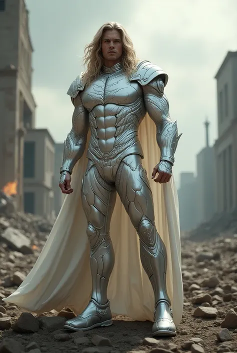 Images of a hero in platinum costume, features, stately, muscular, long hair, scenery, devastation.