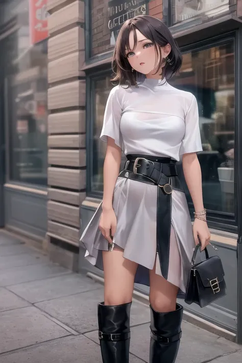 A woman is wearing a stylish black asymmetrical flared skirt with a wide high-waisted belt featuring a large buckle, back hem longer than the front,She pairs it with a fitted white tops and black ankle boots, holding a small black leather handbag in her le...