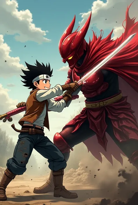 Intense anime fight scene between two characters. Character 1: (Toki, a 16-year-old male teenager who longs to live a life as an adventurer in a medieval world with tons of magic. Toki wears a torn leather vest with a white long sleeve shirt underneath, bl...