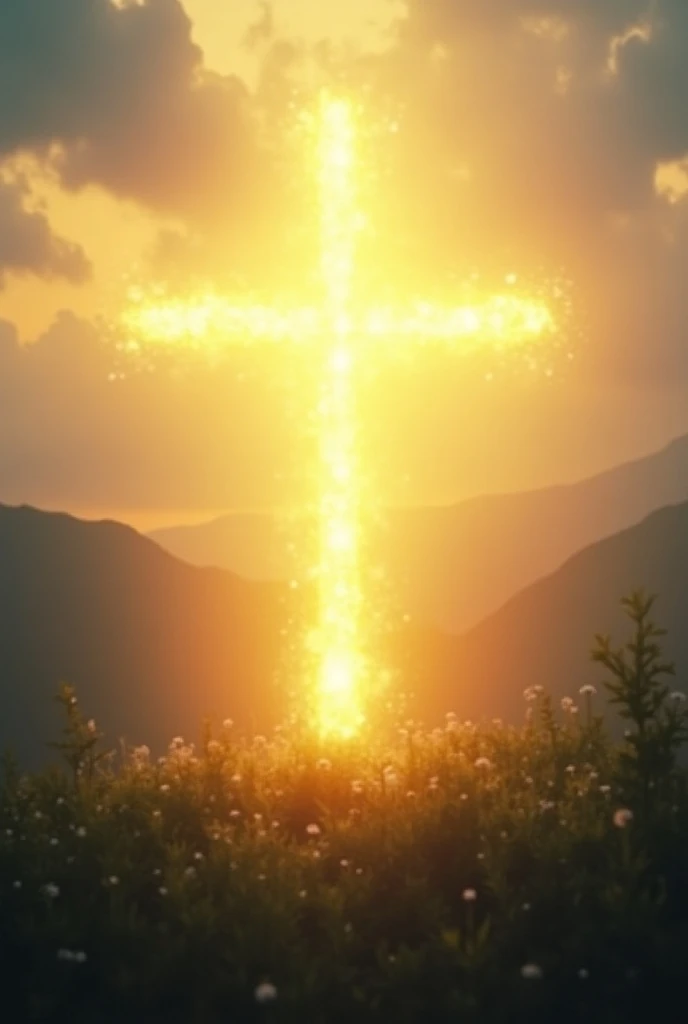 A worship-themed image featuring a glowing cross in the center, symbolizing the exaltation of God over creation. The background shows warm sunlight breaking through clouds, casting light over peaceful mountains and nature below. The scene should evoke a se...