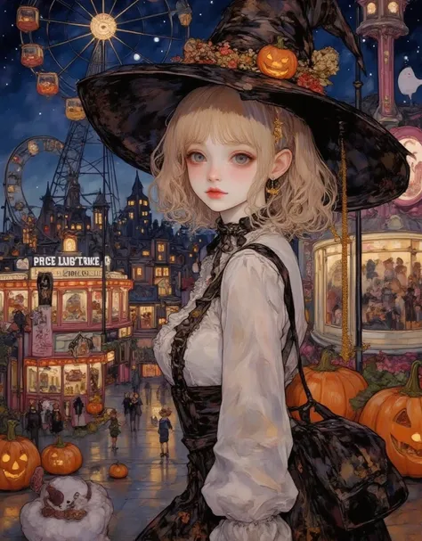 painting of a cute girl magical witch hat on standing waiting for halloween, aesthetic girl,  digital painting of halloween, ele...