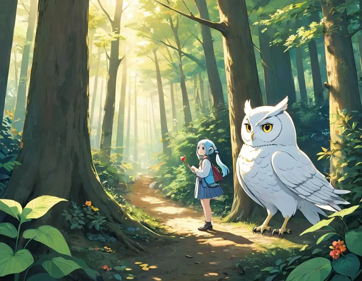  light blue long hair 、Beautiful girl with twin tails、Bright smile、Autumnal Forest、A big white owl is watching over the girl 、 fantasy world, there was a young girl named thatly who lived in a small village by the edge of a vast forest. thatly loved nothin...