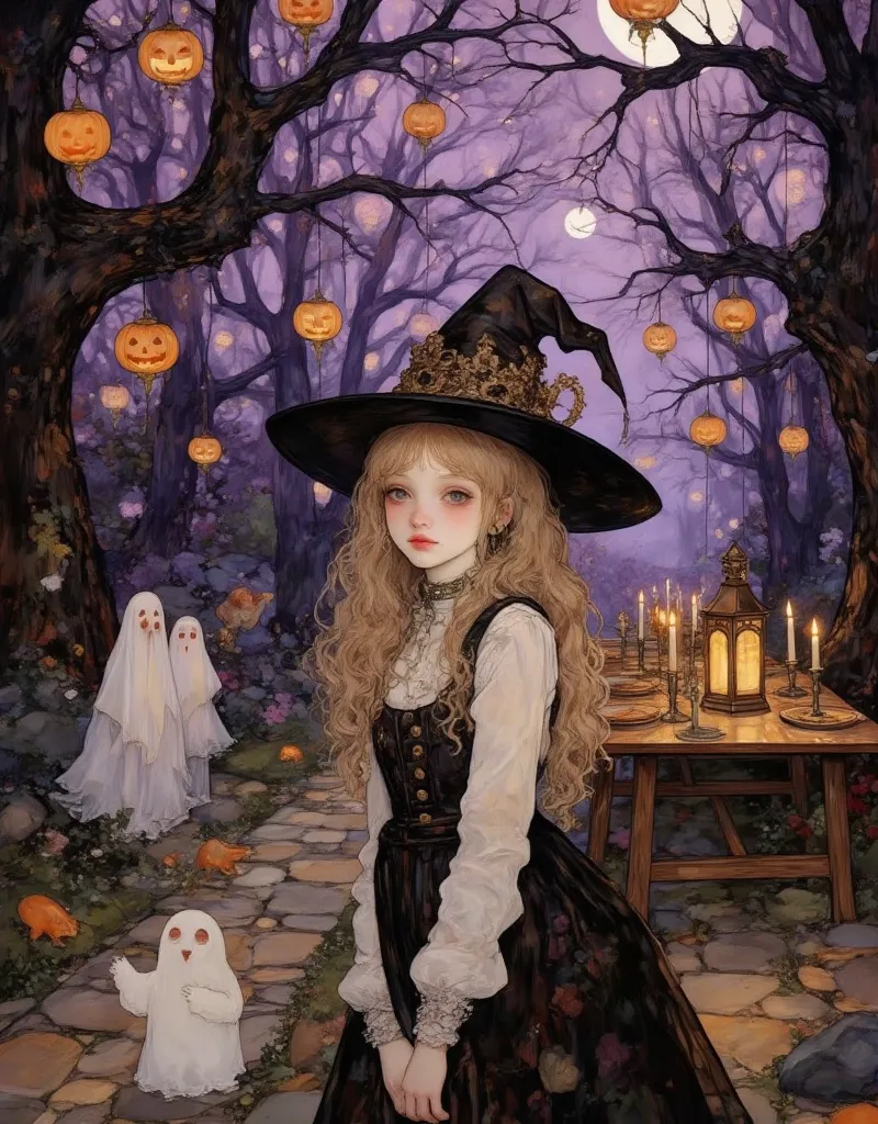 painting of a cute girl magical witch hat on standing waiting for halloween, aesthetic girl,  digital painting of halloween, ele...