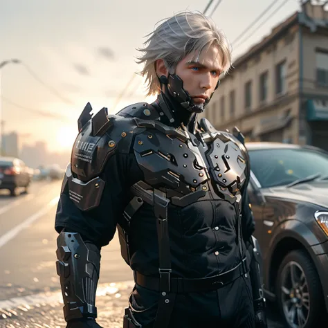 a man wearing a black suit, black pants, short white hair, blue eyes, black gloves, standing next to a black luxury car, on a co...