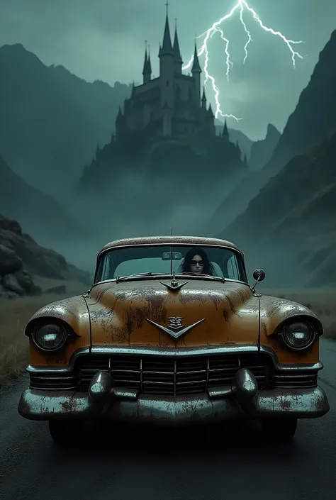  Old rusty Cadillac Eldorado from 1955 with tips and ends on the bonnet , steampunk car, dramatic art, estilo de arte punk diesel, apocalyptic road warrior vibe, Surreal digital art, Inspired by Dracula , heavy metal artwork,  symmetry of the chrome face ,...