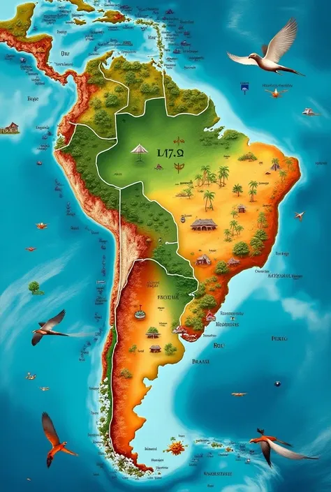 An interactive and very creative world map that highlights South America,   where it is highlighted on the map , Brazil, Peru, Bogotá and Chile ,  I want the map to be very creative , with animations and that you can appreciate the fauna and ancient cultur...