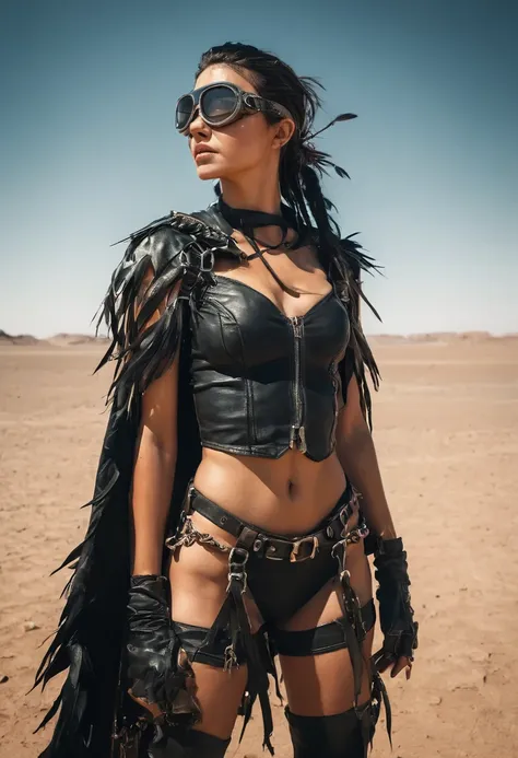 a photo of a mad max-esque woman, adorned with a spiked leather headband and goggles, ready to conquer the harsh desert terrain....