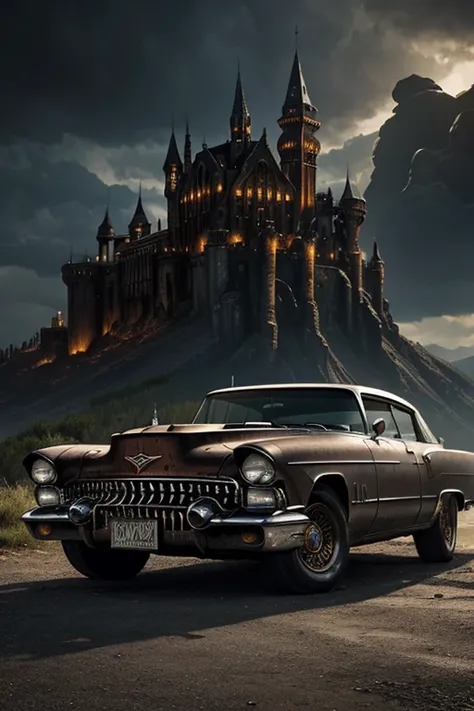  Old rusty Cadillac Eldorado from 1955 with tips and ends on the bonnet , steampunk car, dramatic art, estilo de arte punk diesel, apocalyptic road warrior vibe, Surreal digital art, Inspired by Dracula , heavy metal artwork,  symmetry of the chrome face ,...