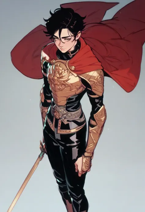 Appearance: Kirimist is a tall, slender young man with black hair and brown eyes. He wears black leather armor with gold accents and a red cape. He also carries a long sword strapped to his back, 8k high definition