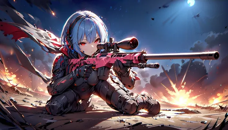 1 girl masterpiece, best quality, high resolution, best detailed, light blue hair, short hair, red eyes, shooting a sniper rifle...