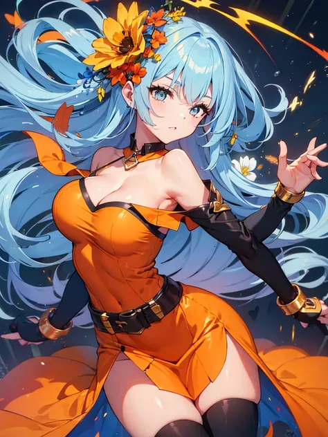 masterpiece, best quality, BREAK, solo, Rocbouquet, Romancing SaGa, BREAK, light blue hair, (golden eyes), (dark orange short dress), plunging neckline, off-shoulder, cleavage, (thigh gap), black thighhighs, BREAK, (bouncing large breasts with motion lines...