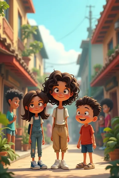  Create a funny 2D cartoon , interesting,  that they are 3 brothers two girls and a boy ,  one of the skinny  girls , long hair, Thin face teeth ,  wearing jumpsuit and t-shirt wearing sneakers  , and the other  round face curly hair up to the shoulder wea...