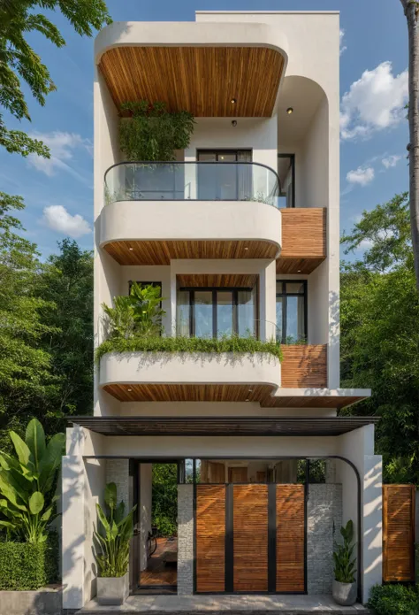 the tall and narrow 3-storey house is modernly designed, with steel gates and wooden details. the outside is painted white, the ...