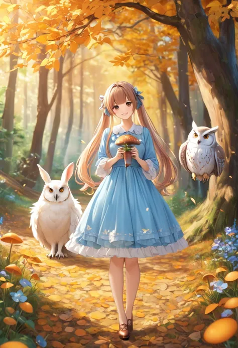  light blue long hair 、Beautiful girl with twin tails、Bright smile、cute brown and yellow dress 、Autumnal Forest(photograph). there are flowers blooming underfoot、A big white owl is watching over the girl 、 fantasy world, There are rabbits and squirrels 、 a...