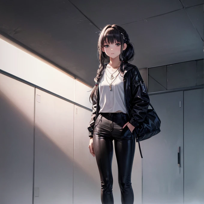 masterpiece, 1 girl , Alone,  simple background,  staring at viewers , A light smile, Metal Necklace, room, bandage,  black pants, Troublemaker, Yankee,  accessories, Women wearing two-color hair 、Light Brown, Unique hairstyle,  fashionable , french braid,...