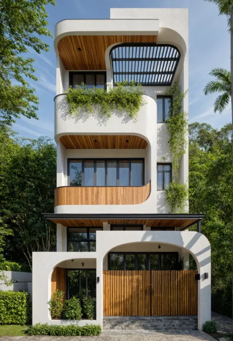 the tall and narrow 3-storey house is modernly designed, with steel gates and wooden details. the outside is painted white, the ...