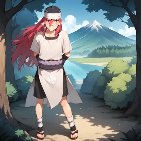 1girl, solo, tayuya, red hair, long hair, brown eyes, tunic, black arm warmers, black shorts, sandals, bandages, in a forest, tr...