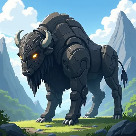  Draw a robot bison in its animal form,   robotic style Megazord  , mecha, metallic,  Colors black and gray , grass background with mountains , art style by Yugioh .