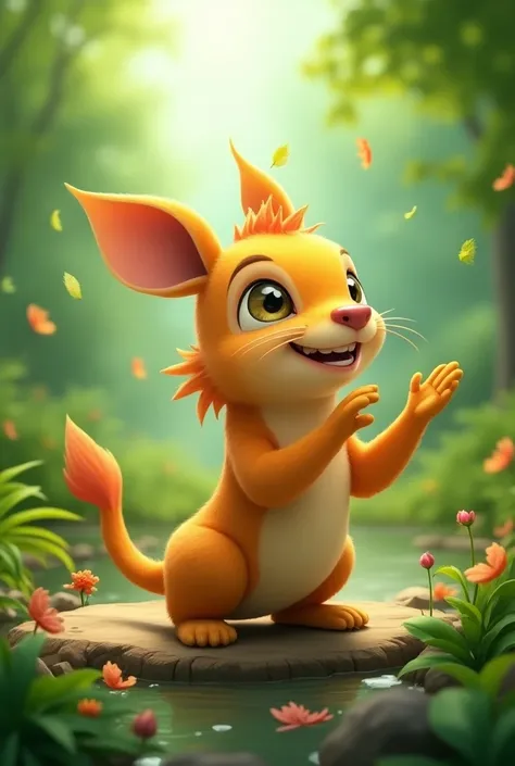  an animated character with an ecological background and playing marks