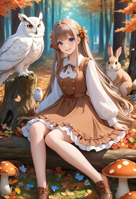  light blue long hair 、Beautiful girl with twin tails、Bright smile、 close-up 、cute brown dress、Autumnal Forest(photograph). there are flowers blooming underfoot、A big white owl is watching over the girl 、 fantasy world, There are rabbits and squirrels 、 an...