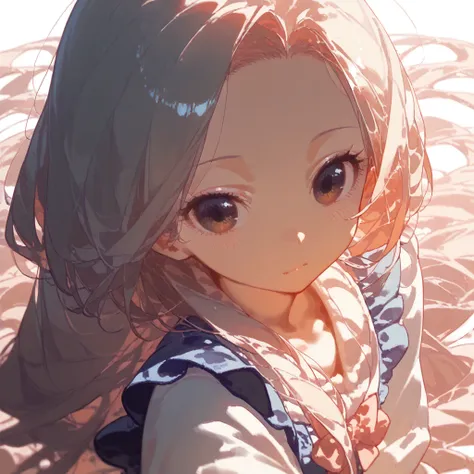 1人の女の子, 
close to viewer, from above, eyelashes, bow, absurdly long hair, snowflakesdetailed cute anime face, heart,