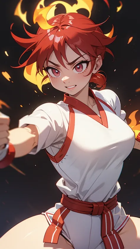 a female character with defined muscles,  fists of fire bands on the fists , karate wrestling outfit , white clothes