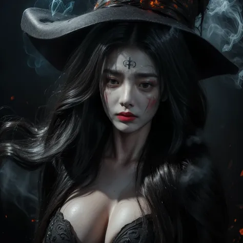 a close up of a woman with a long hair blowing in the wind, woman made of black flames,  black witch hat,,halloween style ghost ...