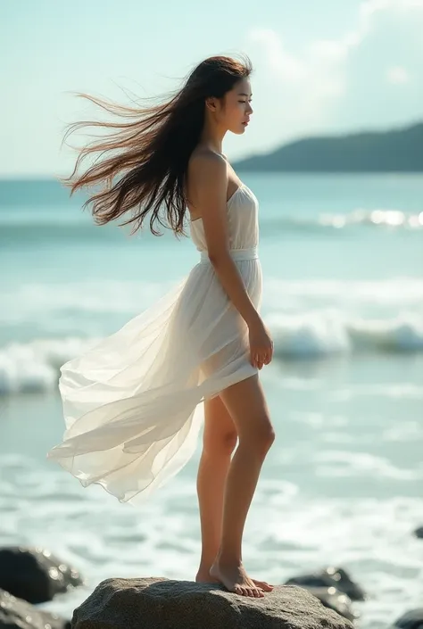 1 Korean girl, solo, wearing a short translucent dress, long hair, fluid movement, capturing the essence of her athleticism and energy, using light colors and soft tones to create a dreamy and ethereal atmosphere, portraying the motion and grace, showing t...