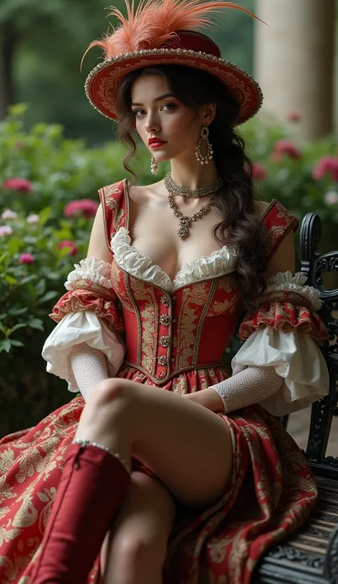  The full height of a beautiful girl with a gorgeous figure 35-40 years old, she is a countess ,  sits on a bench in the palaces garden park, holding an umbrella and a fan , plump lips, red lipstick, precious necklace, bright pink and blue ensemble,  weari...