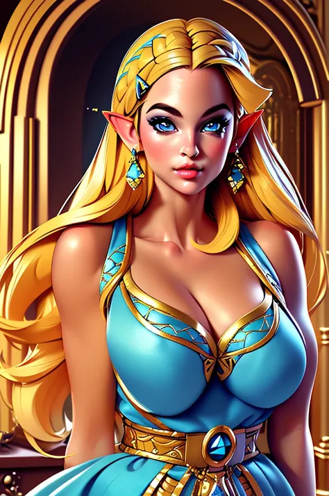 ((Best-quality, masterpiece, ultra-detailed)), Zelda, blonde, gorgeous detailed face, piercing blue eyes, thrown room dress, voluptuous, large_breast, detailed cleavage, ample hips, highly detailed, pin-up, digital portrait, outstanding graphics, smooth focus, highest resolution, 