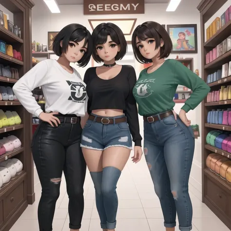 a cute sleepy petite short chubby tan skin mexican emo girl sisters with different personalities, different face, medium volumet...