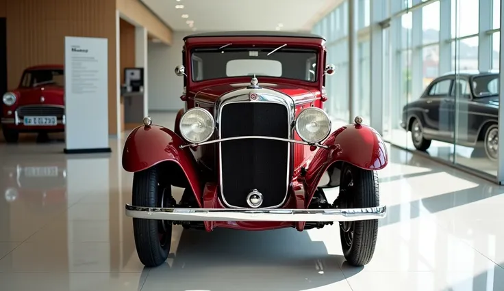 2025 Morris Minor in showroom with shinny and dark red color front view