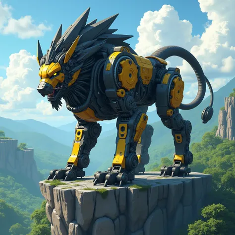   Draw a robot lion in its animal form,   robotic style Megazord  , mecha, metallic, black and yellow colors, Background from the top of a forest rock , art style by Yugioh .