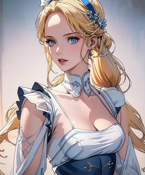 Realistic Portrait, Elegant mature woman (1 female), with icy blue eyes, blonde hair, long hair, her forehead is covered in hair, focus on face, close up shot, cleavage, gothic black and white maid outfit, white maid headband, white frills at shoulders, on...