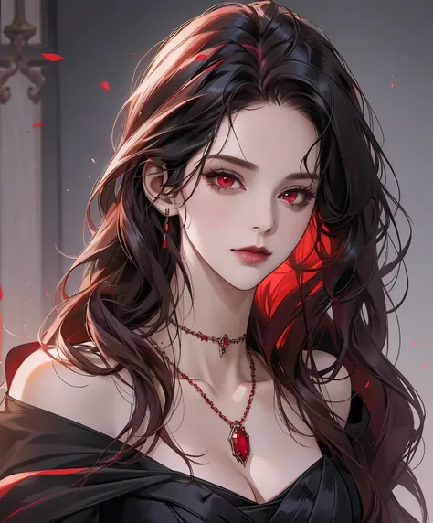 realistic portrait, elegant mature woman (1 female), with red eyes, black hair, long hair, ruby amulet, focus on face, close up ...