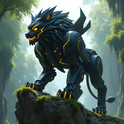  Draw a black lion robot in its animal form,   robotic style Megazord  , mecha, metallic, black and yellow colors, Background from the top of a forest rock , art style by Yugioh .