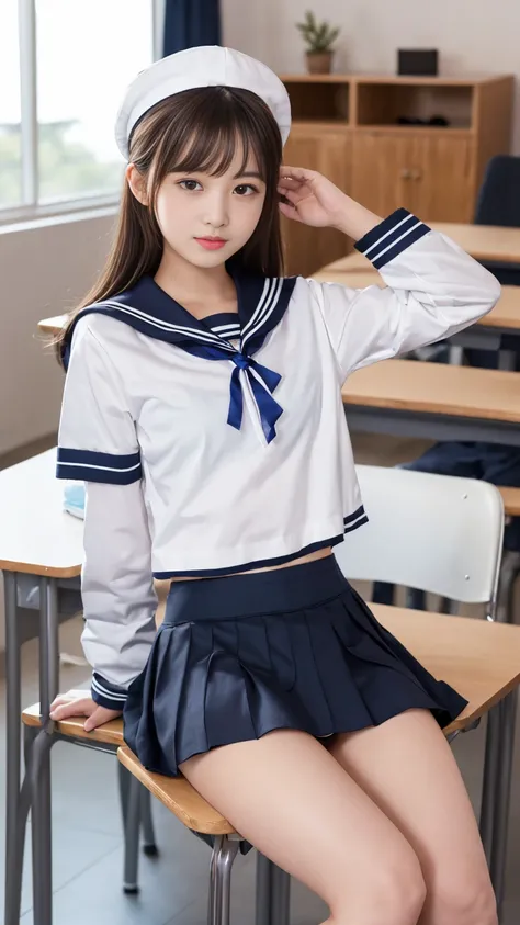 masterpiece, best quality, 1girl, solo, 10years old, flat chest, black hair, shoulder length hair, chignon, skirt、(White Long Socks:1.2)、(Thigh-high socks:1.2)、((Sailor suit、uniform、Mini skirt:1.5))、(micro skirt、high waist)、(Place your elbows on the desk、s...