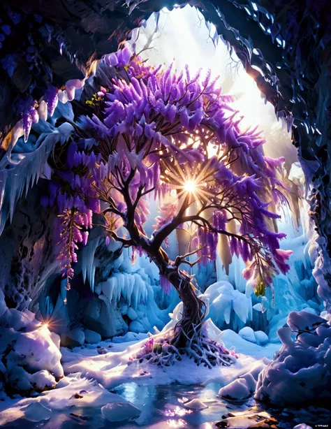 Masterpiece, Award Winning, UHD, HD, Best Quality, Create a stunning ice crystal cave landscape featuring a bright wisteria tree incased in a block of ice, sunbeams coming through little holes in the cave walls, illuminating the block of ice to see the bri...