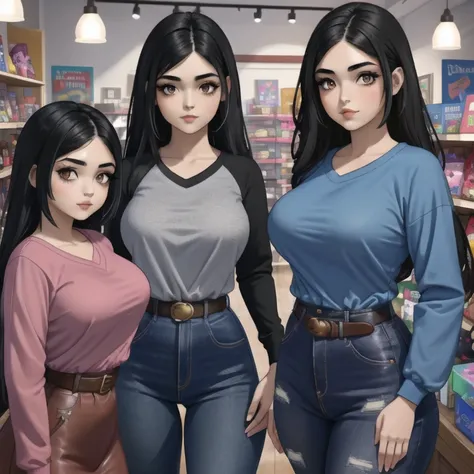 3 cute sleepy petite short chubby tan skin mexican goth girl sisters, different personalities, different face, medium volumetric...