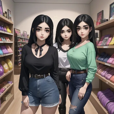 3 cute sleepy petite short chubby tan skin mexican goth girl sisters, different personalities, different face, medium volumetric...