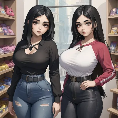 2 cute sleepy petite short chubby tan skin mexican goth girl sisters, different personalities, different face, medium volumetric...