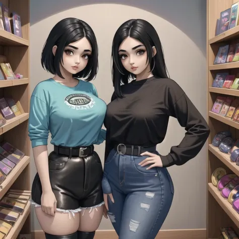 2 cute sleepy petite short chubby tan skin mexican goth girl sisters, different personalities, different face, medium volumetric...