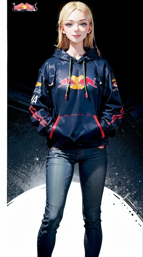 a red bull racing hoodie with various logos and logos on it, oracle red bull racing, 1girl, breasts, solo, blonde hair, long hair, smile, black background, looking at viewer, large breasts, blue pants, blue eyes, ring, hands in pockets, 