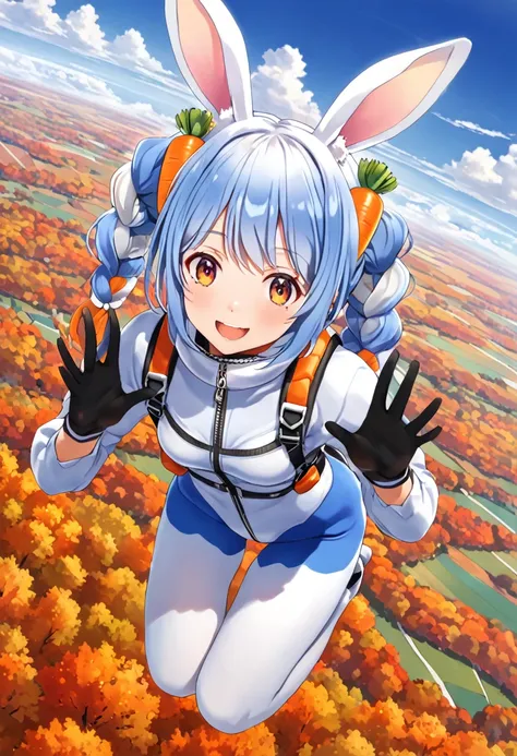 woman skydiving, used pekora,sky, horizon ,autumn ground, pekochan_nml,1girl,animal ears,long hair,rabbit ears,gloves,pantyhose,...