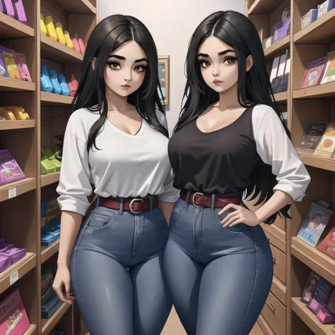 2 cute sleepy petite short chubby tan skin mexican goth girl sisters, different personalities, different face, medium volumetric...