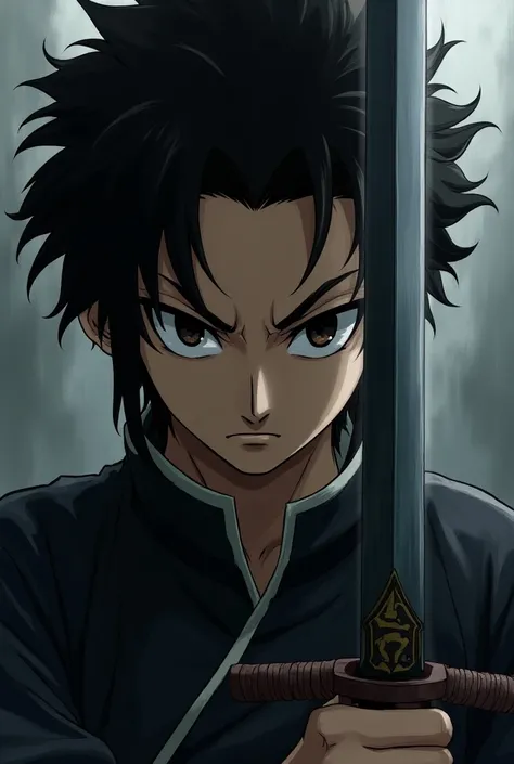 Generate Tanjiro from Kimetsu no Yaiba with his sword in half his face 