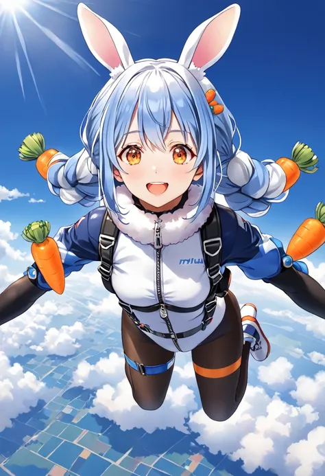 skydiving, Used Pekora,sky, horizon ,Autum, BREAK, Pekochan nml,1girl,animal ears,long hair,rabbit ears,gloves,pantyhose,carrot hair ornament,blue hair,hair ornament,food-themed hair ornament,twin braids,animal ear fluff,black gloves,braid,white hair