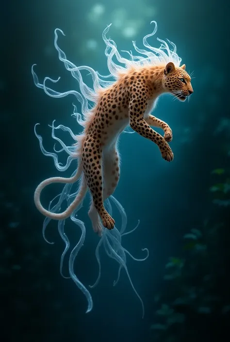 incredible creatures:

Jellyfish-Leopard Hybrid: A fusion of the ethereal and the fierce, this creature has the sleek, spotted body of a leopard but with translucent jellyfish tentacles trailing from its back. Its fur shimmers like bioluminescent jellyfish...