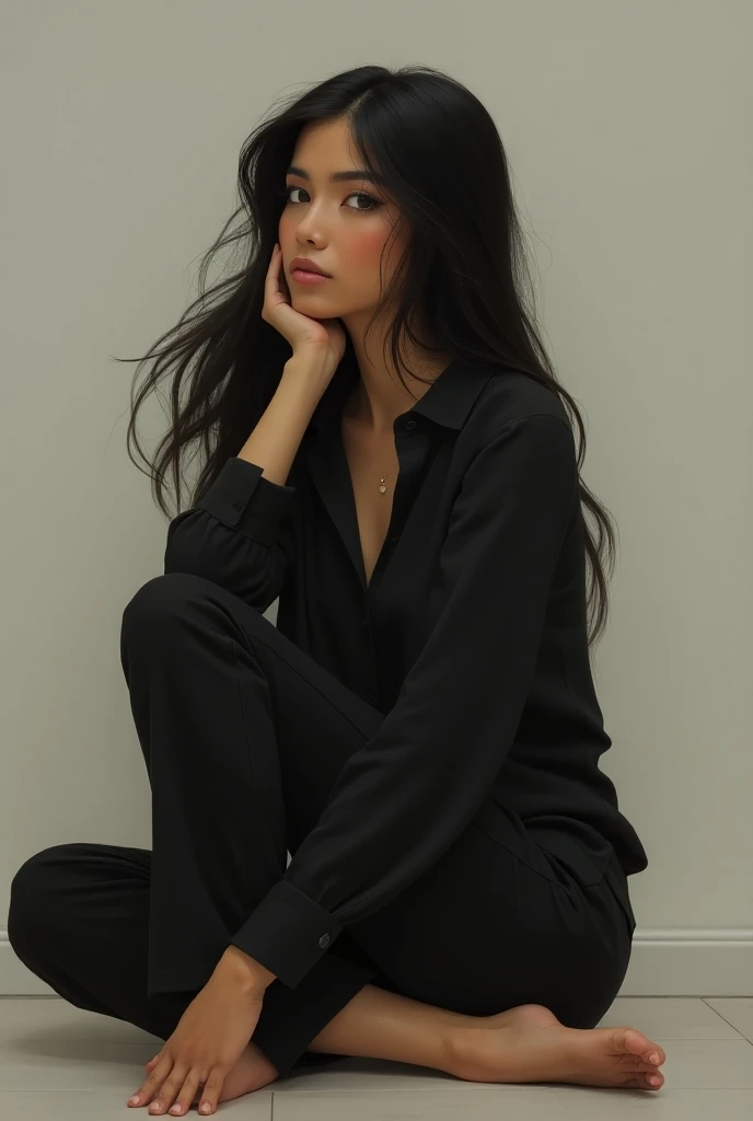 Generate an image of a brown woman , thin,  sitting on the floor in a position to fit her legs,  and one of her knees slightly raised ,  one of her arms is tucked under her chin , long black hair,  she is wearing a black blouse and black pants .